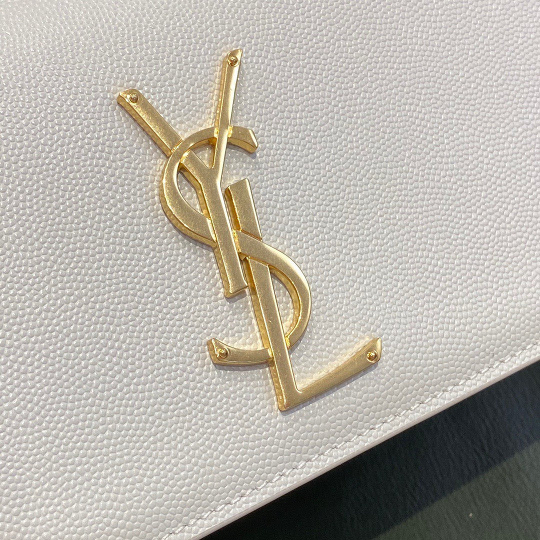 YSL Kate Small White Chain Bag In Grain De Poudre Embossed Leather 20 x 12.5 x 5 cm - Top Club