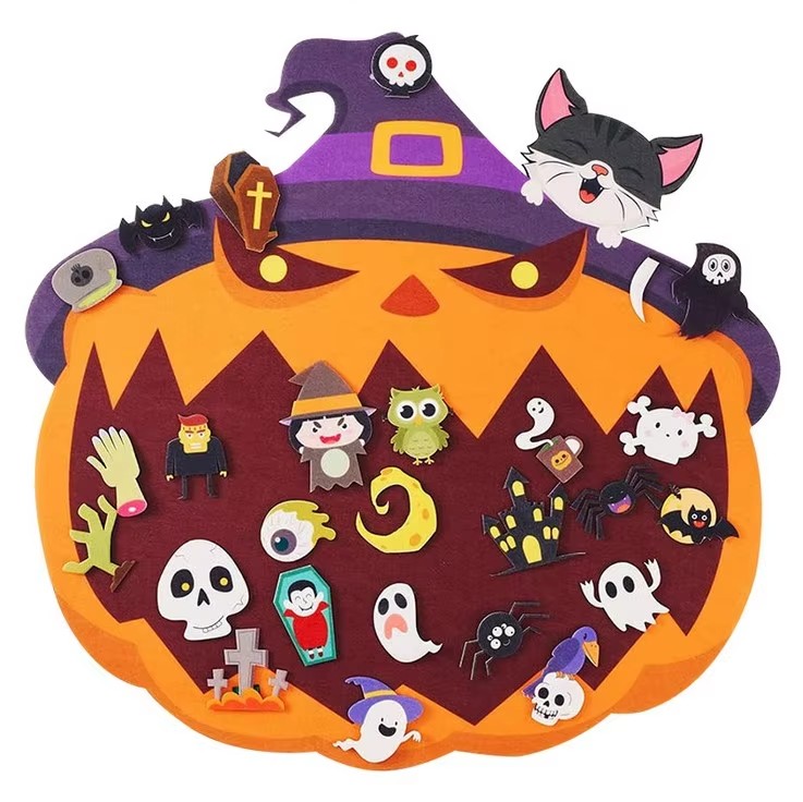 Halloween 3D DIY Felt Wall Hanging Decorations Pumpkin Cat Ornament with Ghost Spider Owl Festive Ambience