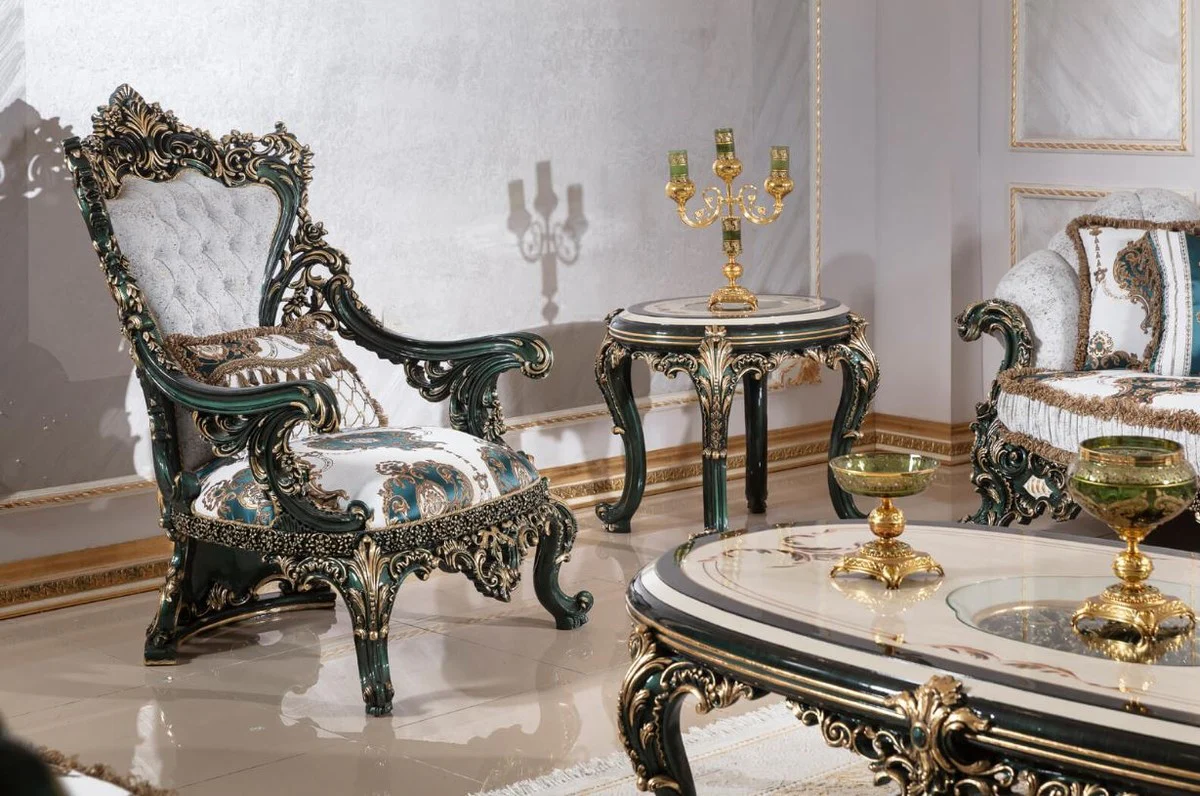 Luxury baroque side table beige / white / green / gold - magnificent solid wood table in baroque style - baroque living room furniture - noble and magnificent