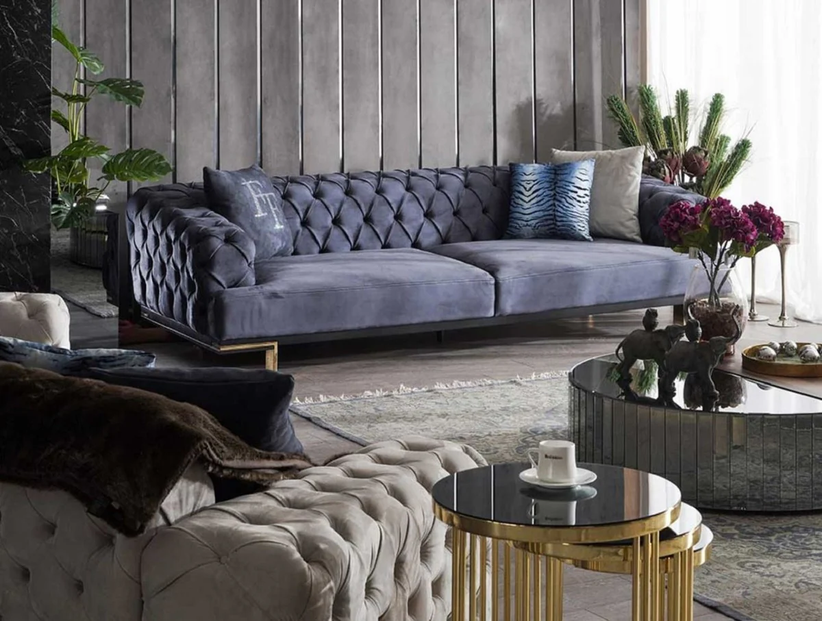 Luxury Chesterfield 3-seater sofa purple / black / gold 250 x 100 x H. 65 cm - living room sofa - hotel sofa - living room furniture - Chesterfield furniture - luxury furniture - luxury furnishings