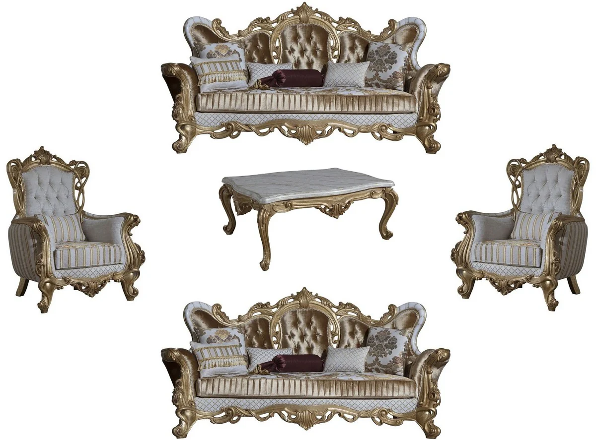 Luxury Baroque Living Room Set Gold / White / Gray / Gold - 2 Sofas & 2 Armchairs & 1 Coffee Table - Baroque Living Room Furniture - Noble & Magnificent