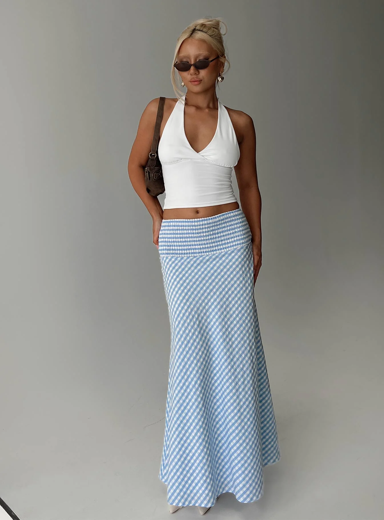 Every Girl Shirred Maxi Skirt Blue Check