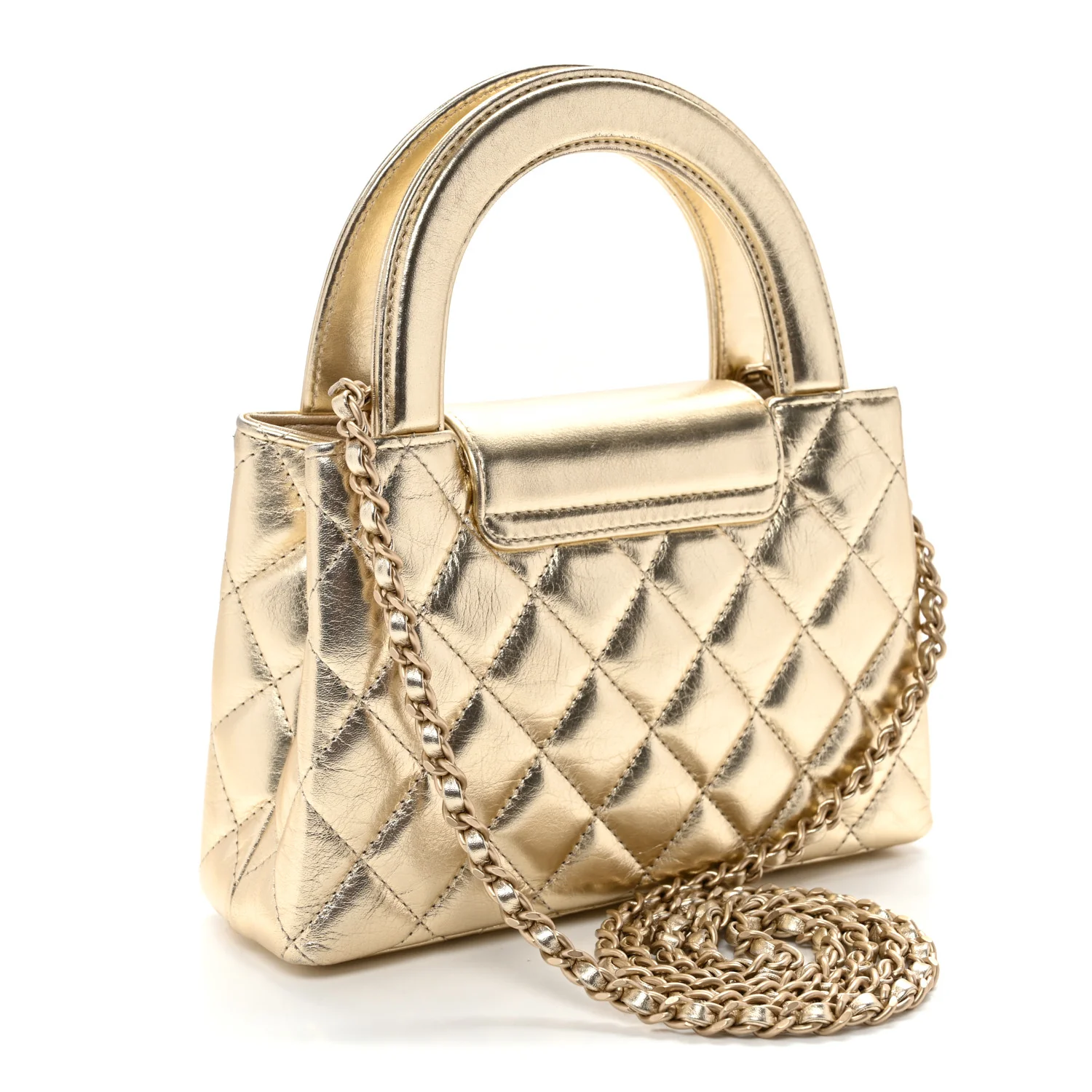 Metallic Shiny Aged Calfskin Quilted Nano Kelly Shopper Gold - Top Club