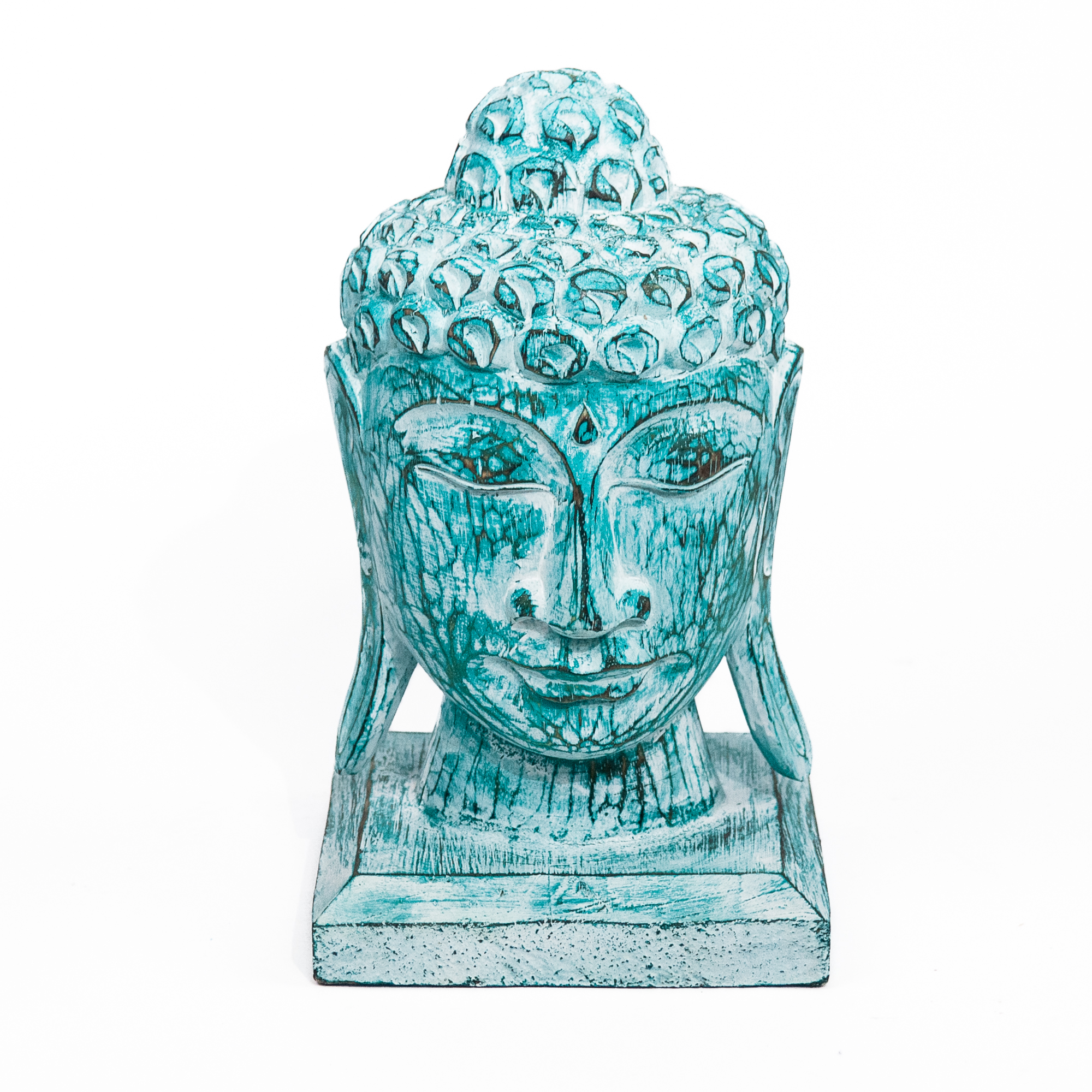 Houten beeld Buddha hoofd turquoise