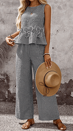 Women's Sleeveless Gingham Peplum Top & Wide Leg Pants Polyester Set - Nordfashionstorm - Women's Clothing, Fashion for You - Nordfashionstorm.com