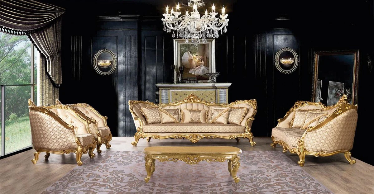 Luxury Baroque Living Room Set Gold - 2 Baroque Sofas with Pattern & 2 Baroque Armchairs with Pattern & 1 Baroque Coffee Table - Magnificent Baroque Living Room Furniture