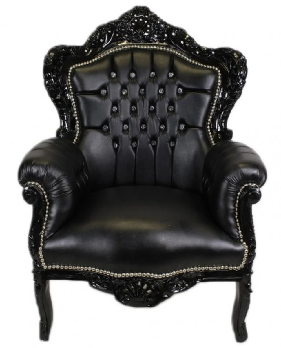 Baroque armchair King black/black leather look with bling bling rhinestones