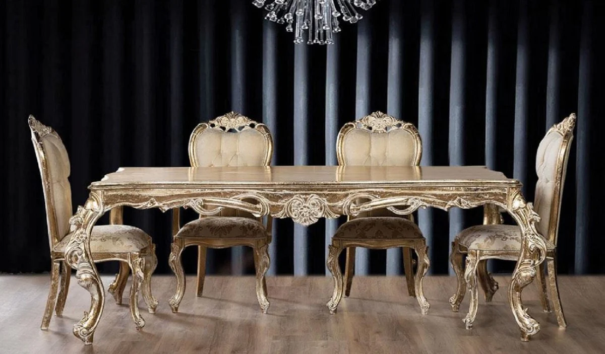 Luxury Baroque Dining Room Set Beige / Gold / Antique Gold - 1 Baroque Dining Table & 6 Baroque Dining Chairs - Dining Room Furniture in Baroque Style - Noble & Magnificent