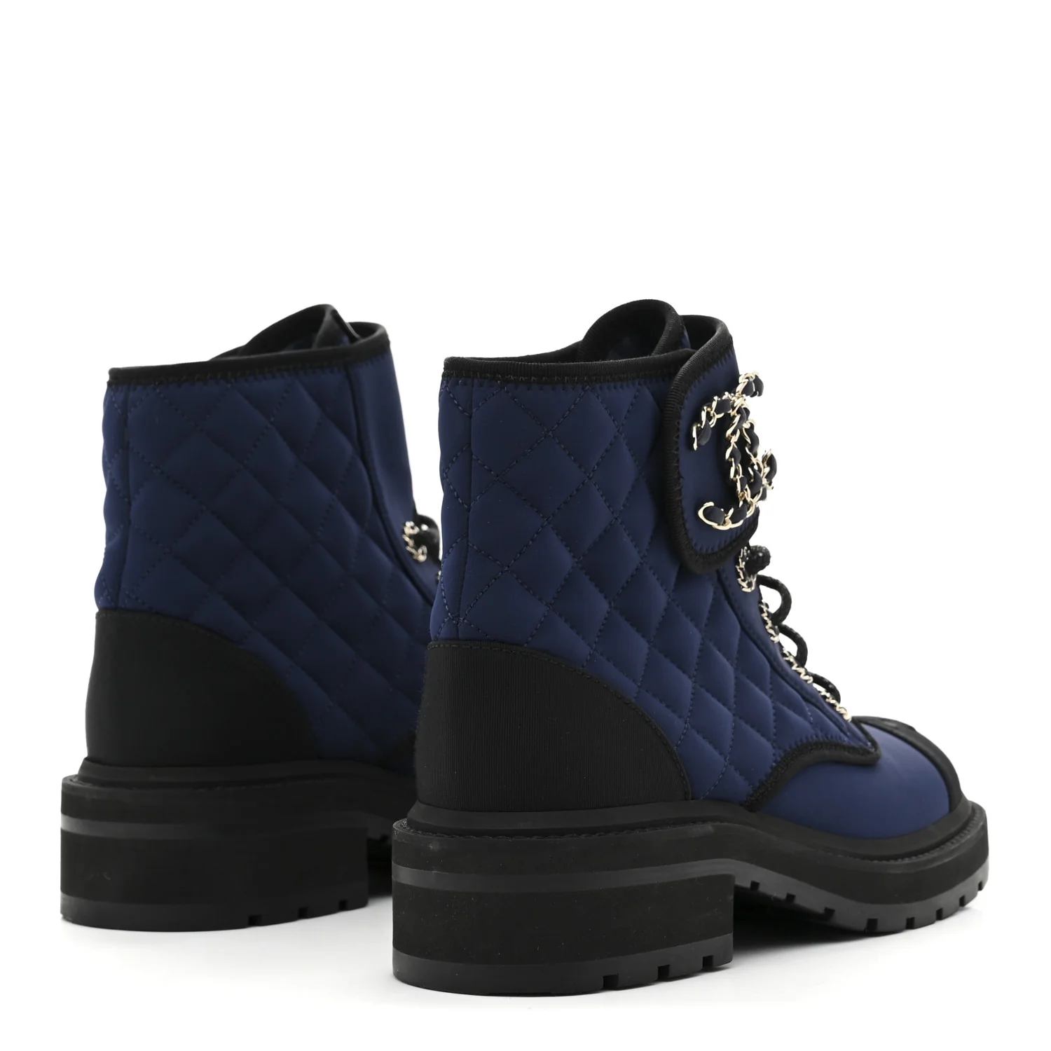 Fabric Grosgrain Quilted Cap Toe Lace Up Combat Boots 36.5 Navy Black - Top Club