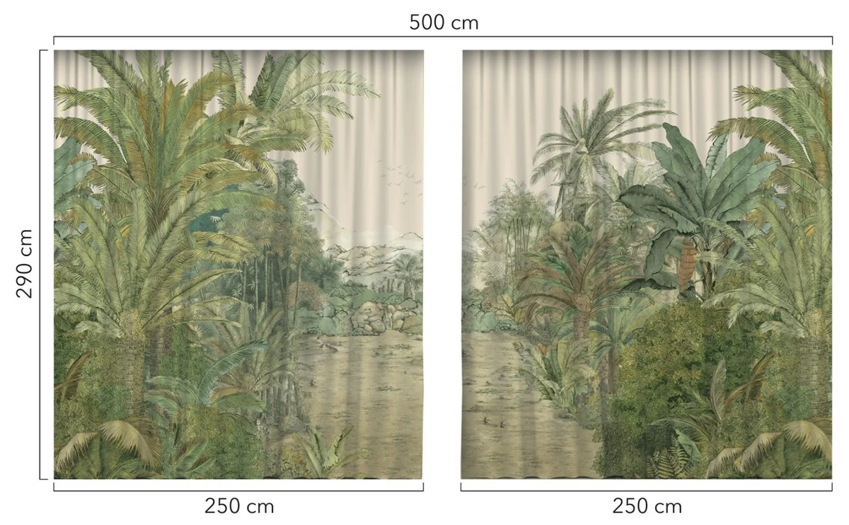 Luxury curtain set palm trees landscape cream / green 250 x H. 290 cm - Printed linen & velvet curtains - Eyelet curtains - Sliding curtains - Luxury decorative accessories