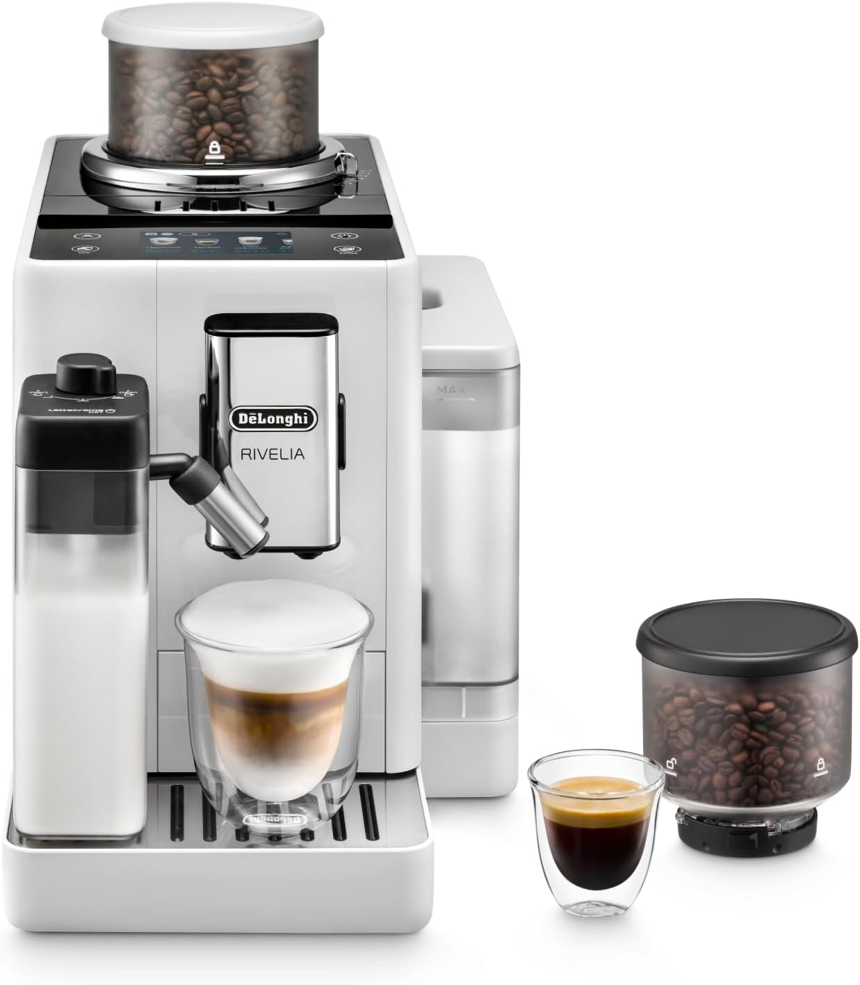 Rivelia Perfetto EXAM440.55.W Macchina da Caffè Automatica, Chicchi Macinati al Momento, Portachicchi Intercambiabile, Caraffa Montalatte Automatica, Display Touch a Colori, 1450W, Bianca