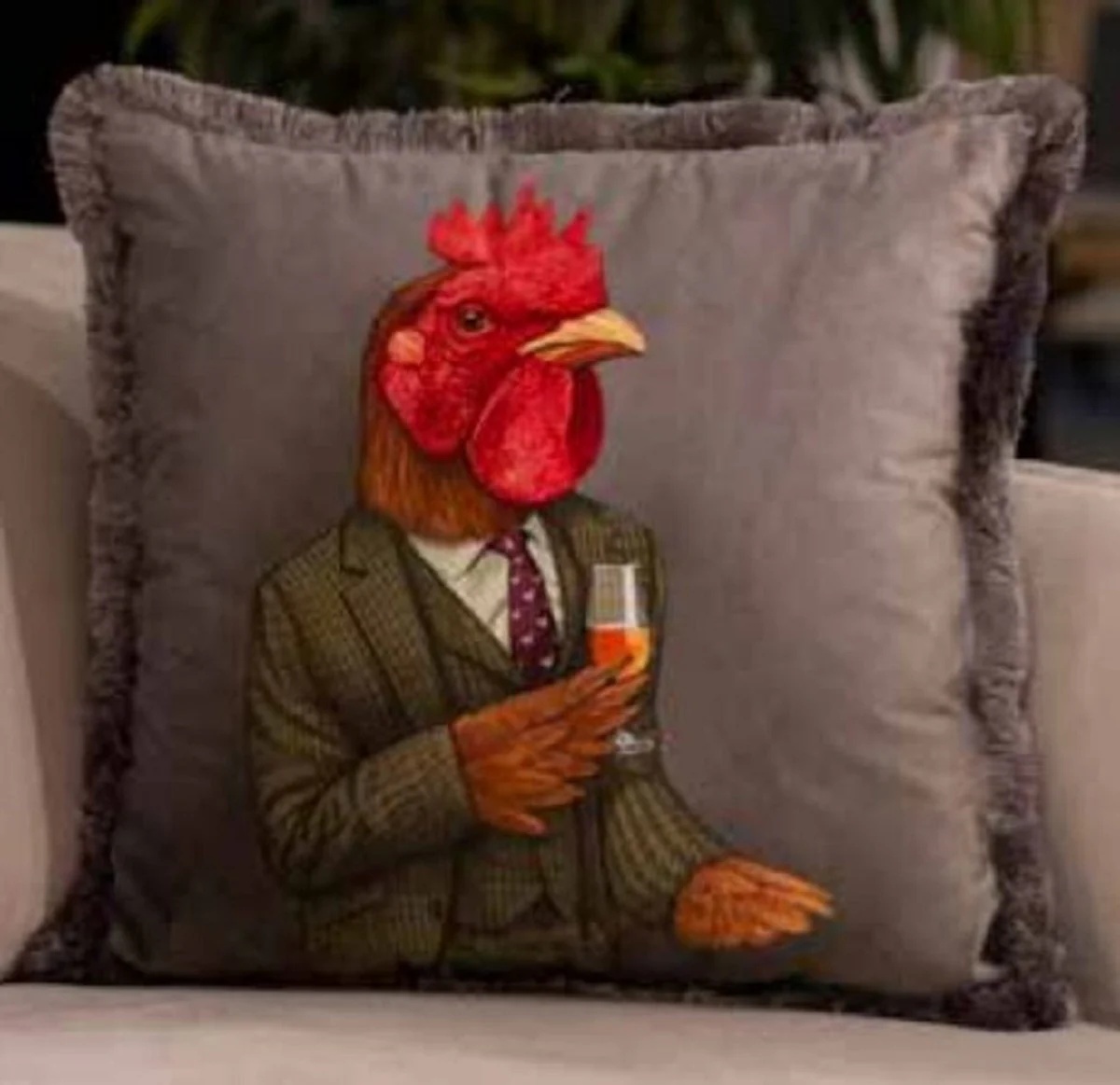 Luxury decorative cushion gentleman rooster rooster gray / multicolored 45 x 45 cm - printed velvet cushion with fringes - luxury quality