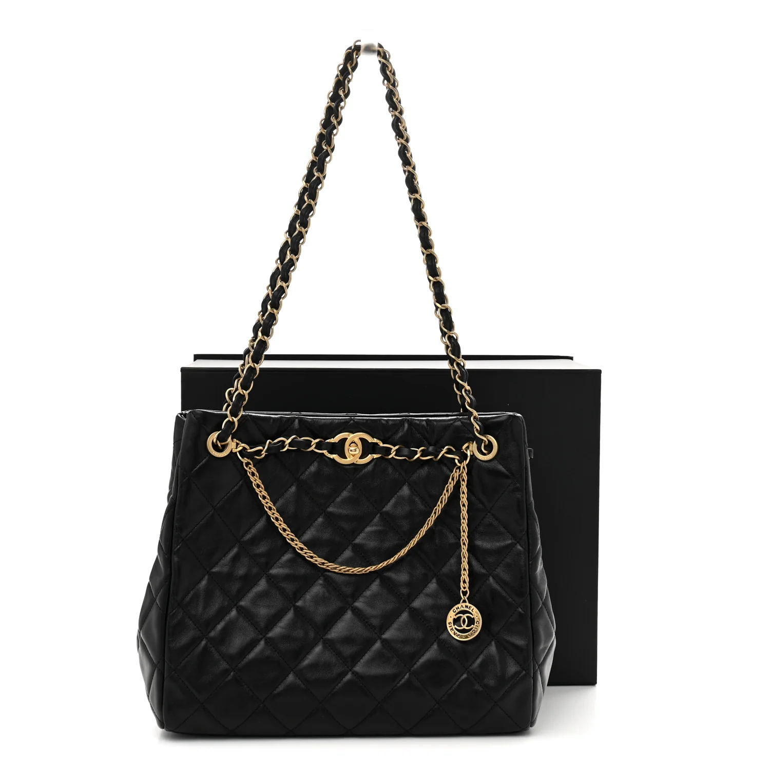 Shiny Calfskin Quilted Fancy Jewel Tote Bag Black - Top Club