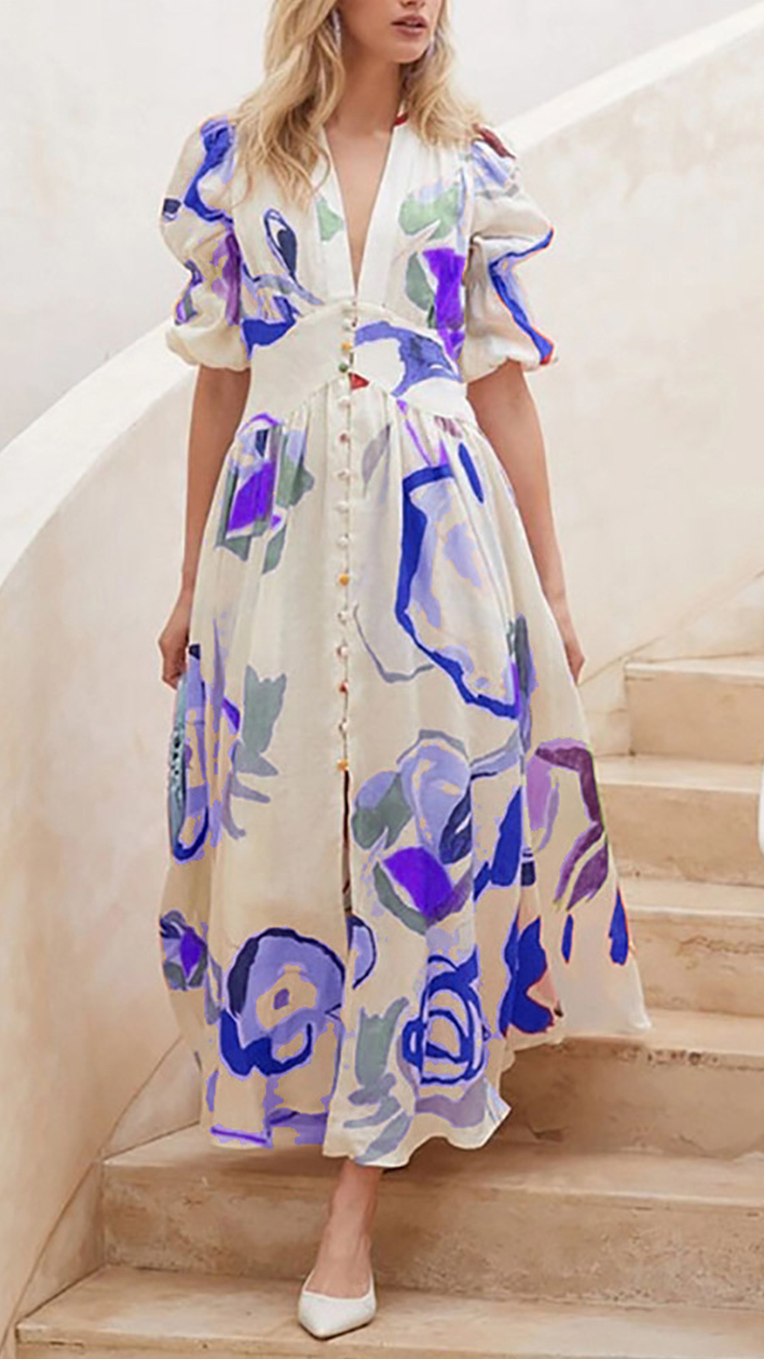 Women's Cotton-Blend Off-White Art Print V-Neck Puff Sleeve Dress - Nordfashionstorm - Women's Clothing, Fashion for You - Nordfashionstorm.com
