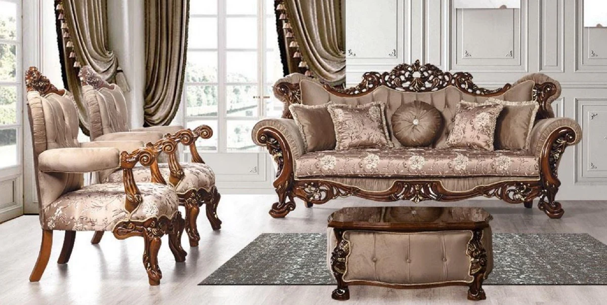 Luxury Baroque Living Room Set Gray / Brown / Gold - 2 Baroque Sofas with Pattern & 2 Baroque Armchairs with Pattern & 1 Baroque Coffee Table - Baroque Living Room Furniture