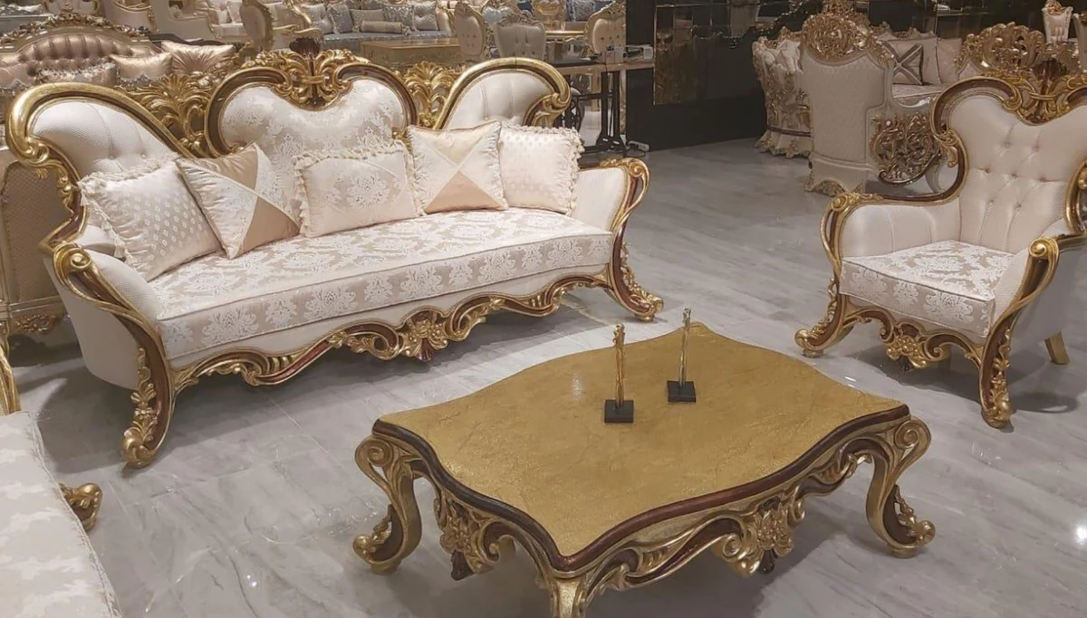 Luxury Baroque Living Room Set Cream / Brown / Gold - 2 Baroque Sofas & 2 Baroque Armchairs & 1 Baroque Coffee Table - Baroque Living Room Furniture