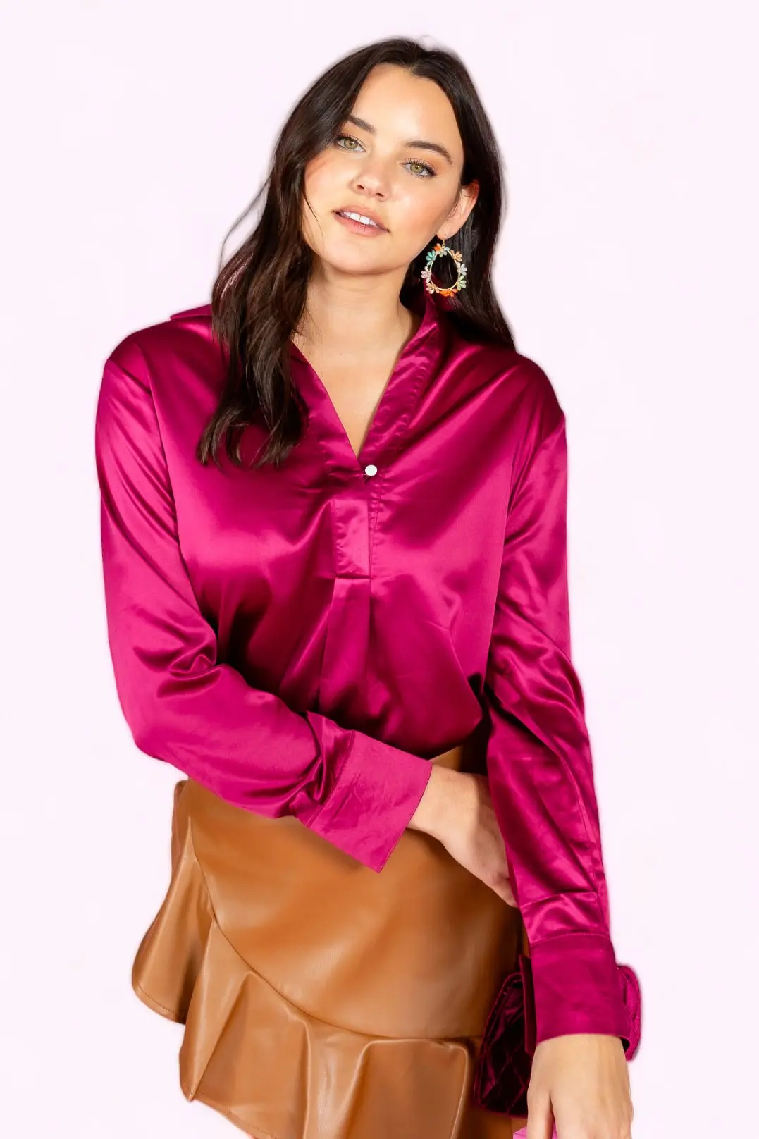 Hang in there Satin Half Placket Blouce - ALJEGJ