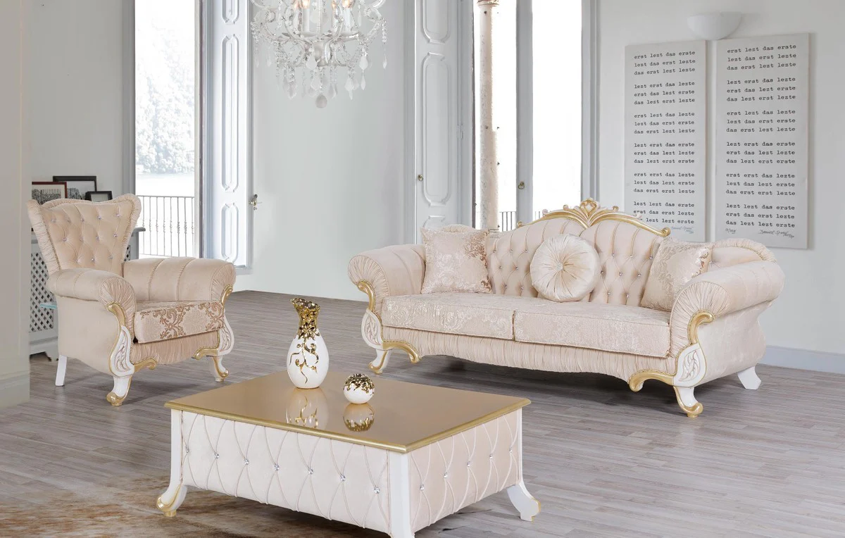 Baroque coffee table beige / white / gold 100 x 64 x H. 43 cm - Noble baroque style living room table with glittering stones - Baroque furniture