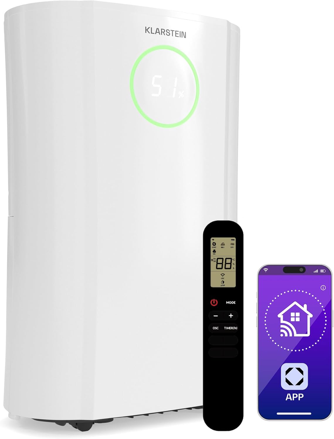 KLARSTEIN DryFy ProConnect 24L Deumidificatore Wi-Fi, Silenzioso, Timer 24h, Filtro HEPA, Portatile per Casa/Ufficio, Controllo umidità, Stanze Fino a 36m², Bianco