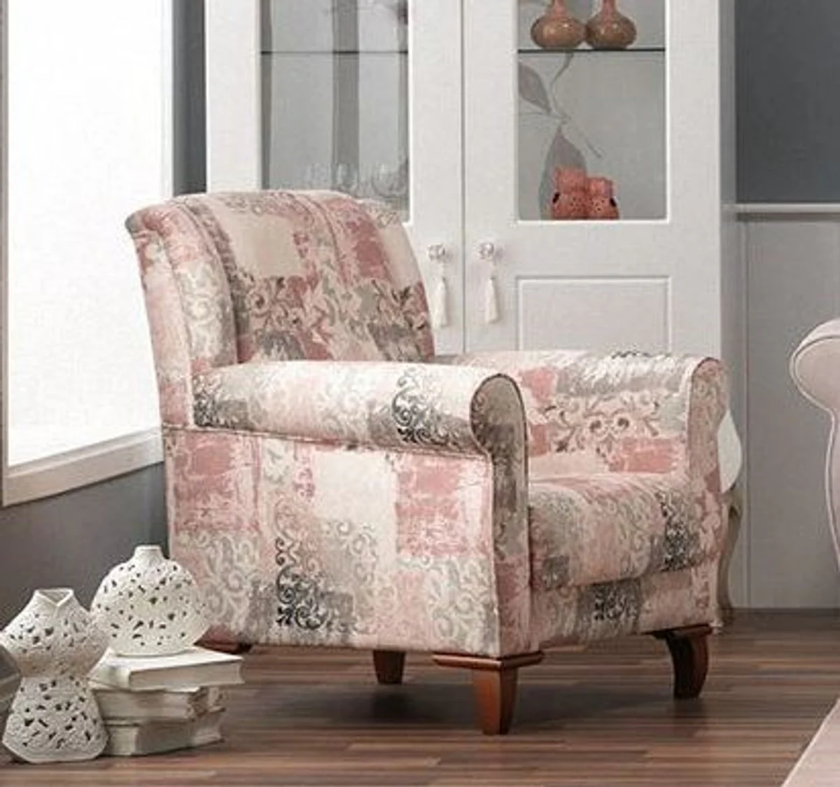 Designer Bergere Armchair Stuttgart White/Rose Pattern - Hotel Furniture