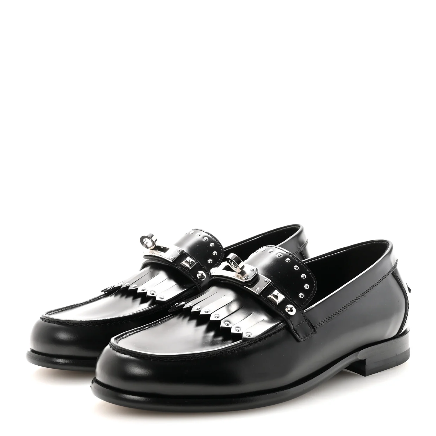 Glazed Calfskin Medor Studded Fringe Womens Destin Loafer 35 Black - Top Club