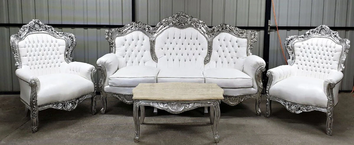 Baroque living room set white / silver - 1 baroque faux leather sofa & 2 baroque faux leather armchairs - living room furniture in baroque style - baroque furniture - baroque living room furnishings