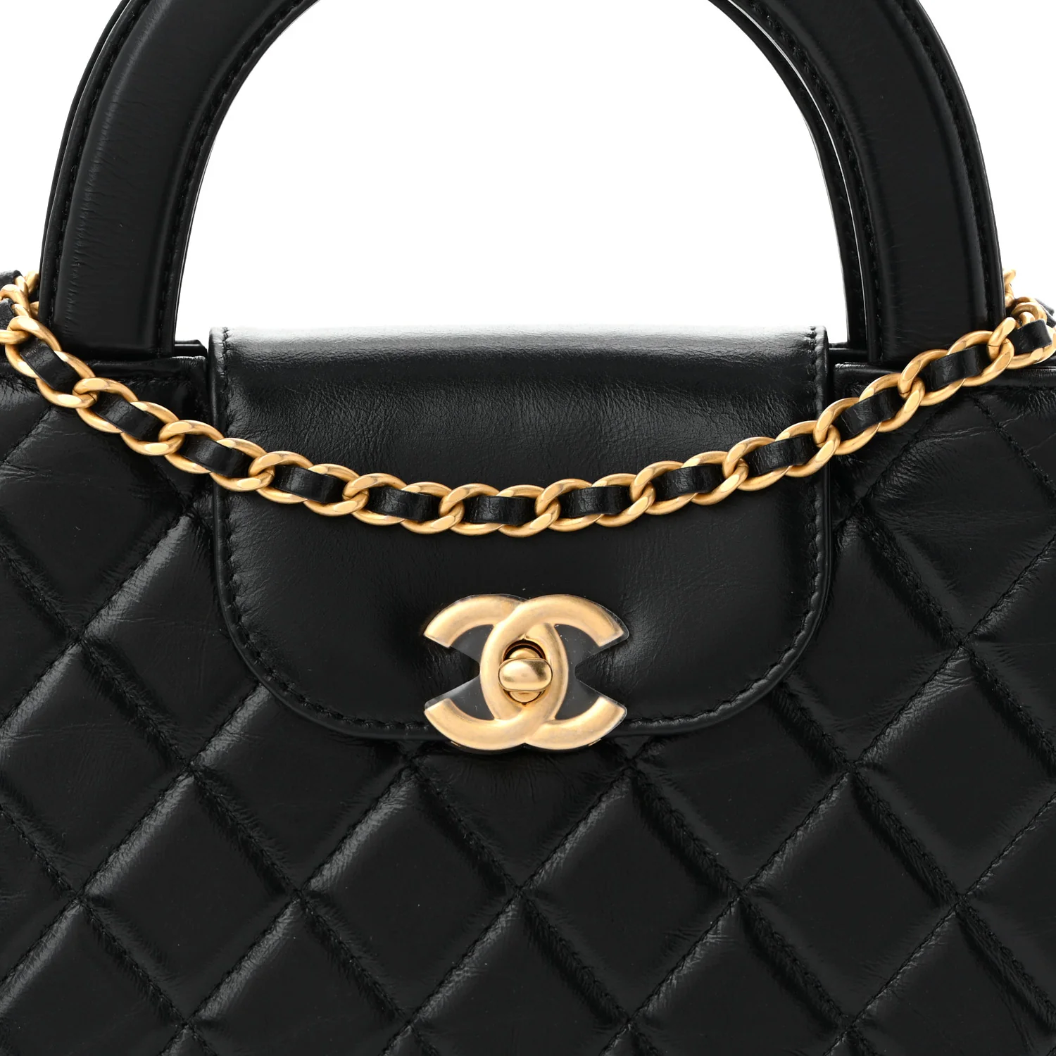 Shiny Aged Calfskin Quilted Nano Kelly Shopper Black - Top Club