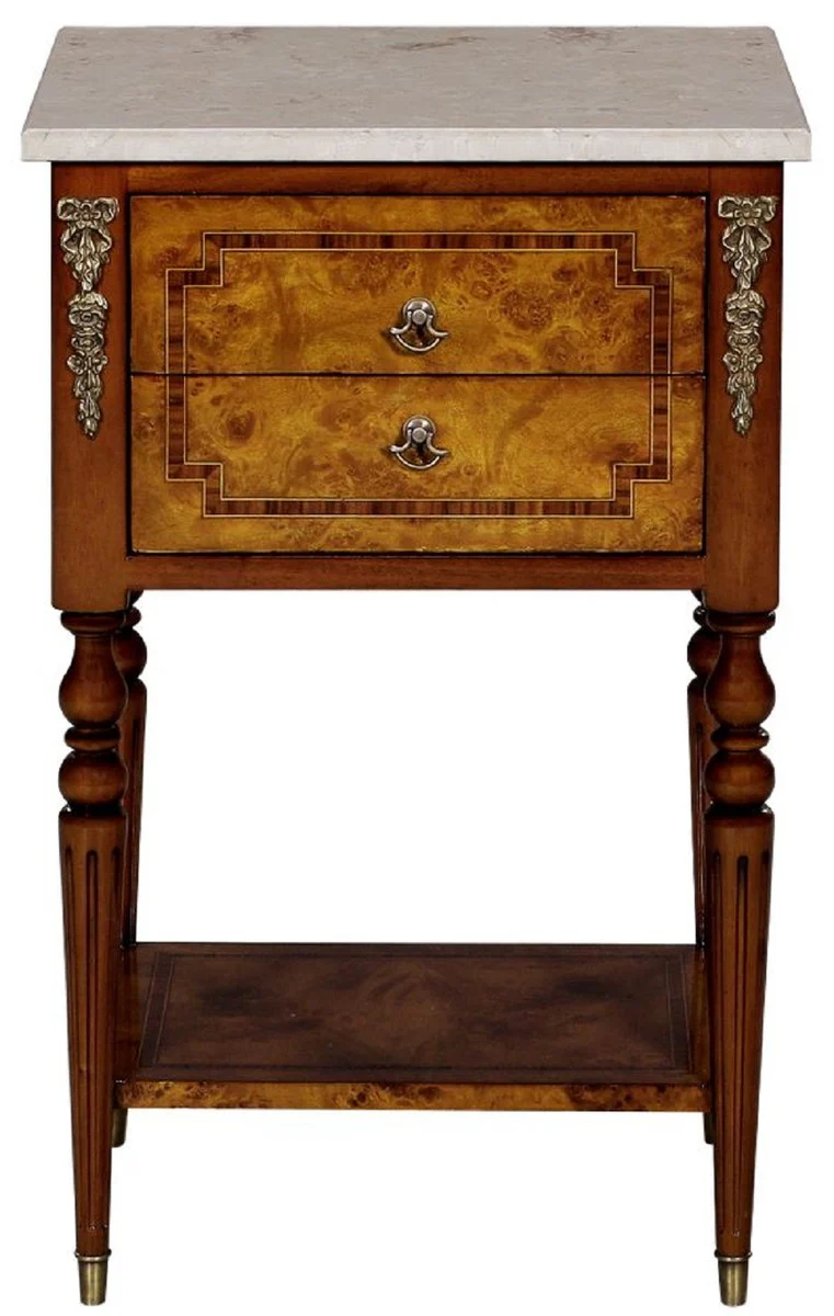 Luxury baroque side table light brown / brown / cream 42 x 31 x H. 68 cm - solid wood table with marble top - bedside table - night dresser - baroque furniture