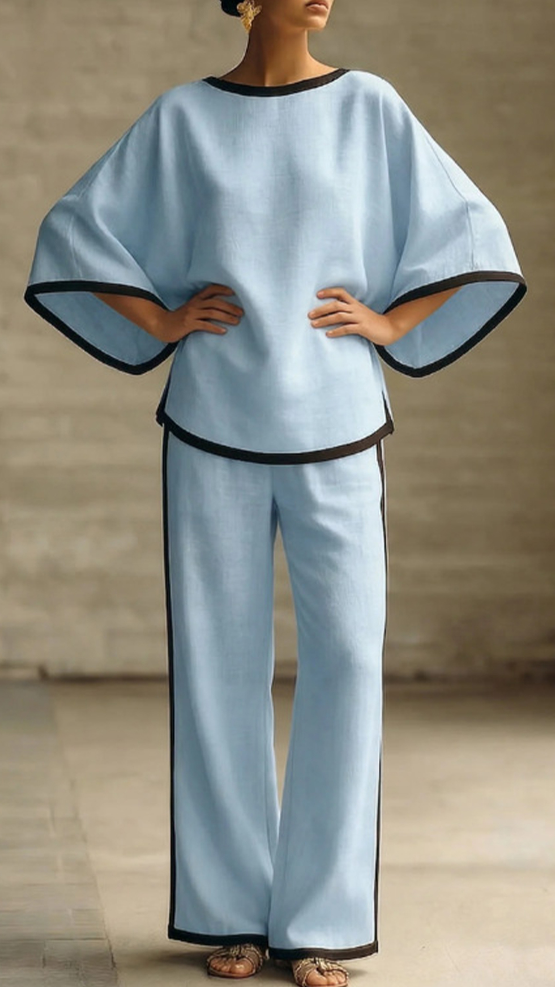 Women's Cotton-Blend Off-White Trimmed Loose Top & Wide-Leg Pants Set - Nordfashionstorm - Women's Clothing, Fashion for You - Nordfashionstorm.com