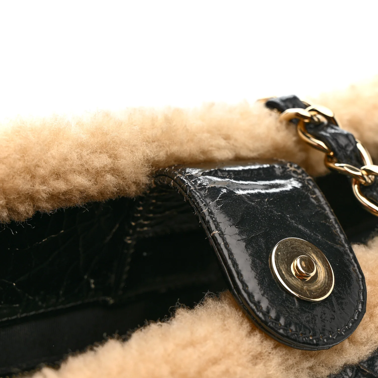 Shiny Crumpled Sheepskin Shearling CC Mania Tote Bag Black Beige - Top Club