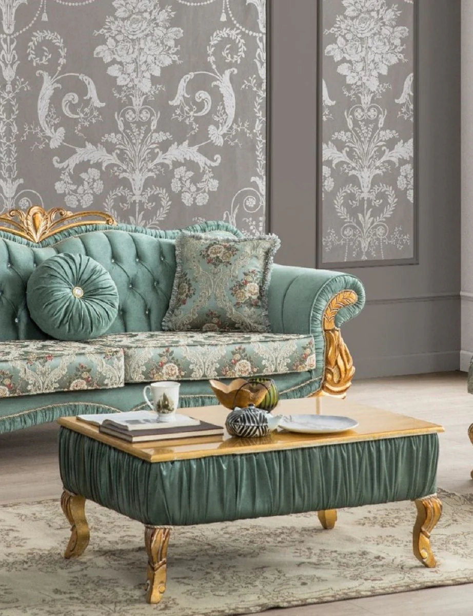 Luxury Baroque Living Room Set Green / Gold - 2 Sofas with Pattern & 2 Armchairs with Pattern & 1 Coffee Table - Living Room Furniture in Baroque Style - Noble & Magnificent