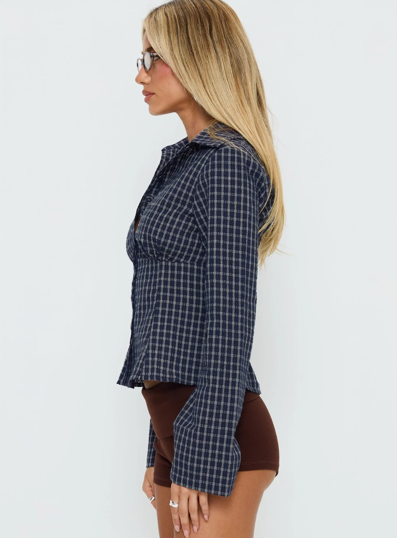 Cottesloe Long Sleeve Blouse Top Navy Check