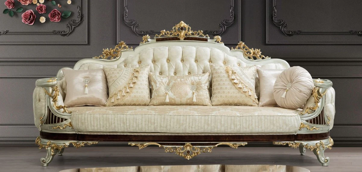 Luxury Baroque Living Room Set Cream / Beige / Dark Brown / Silver / Gold - 2 Sofas & 2 Armchairs & 1 Coffee Table - Living Room Furniture in Baroque Style - Noble & Magnificent