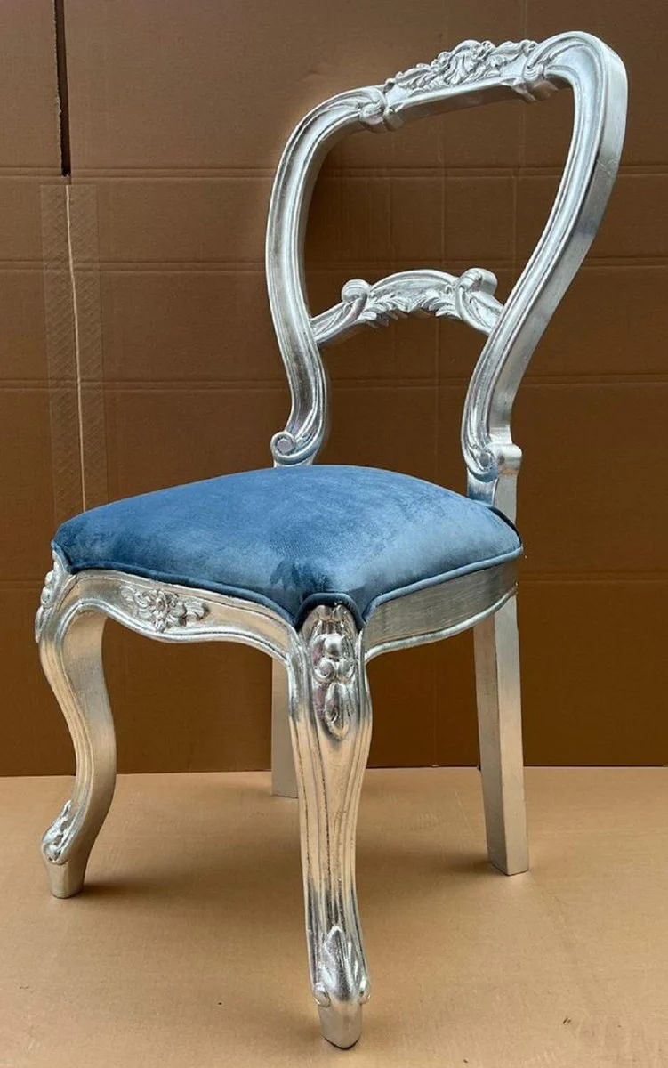 Luxury Baroque Women's Chair Blue / Silver - Handmade Baroque Style Dressing Table Chair - Luxury Bedroom Furniture in Baroque Style - Baroque Furniture - Noble & Magnificent