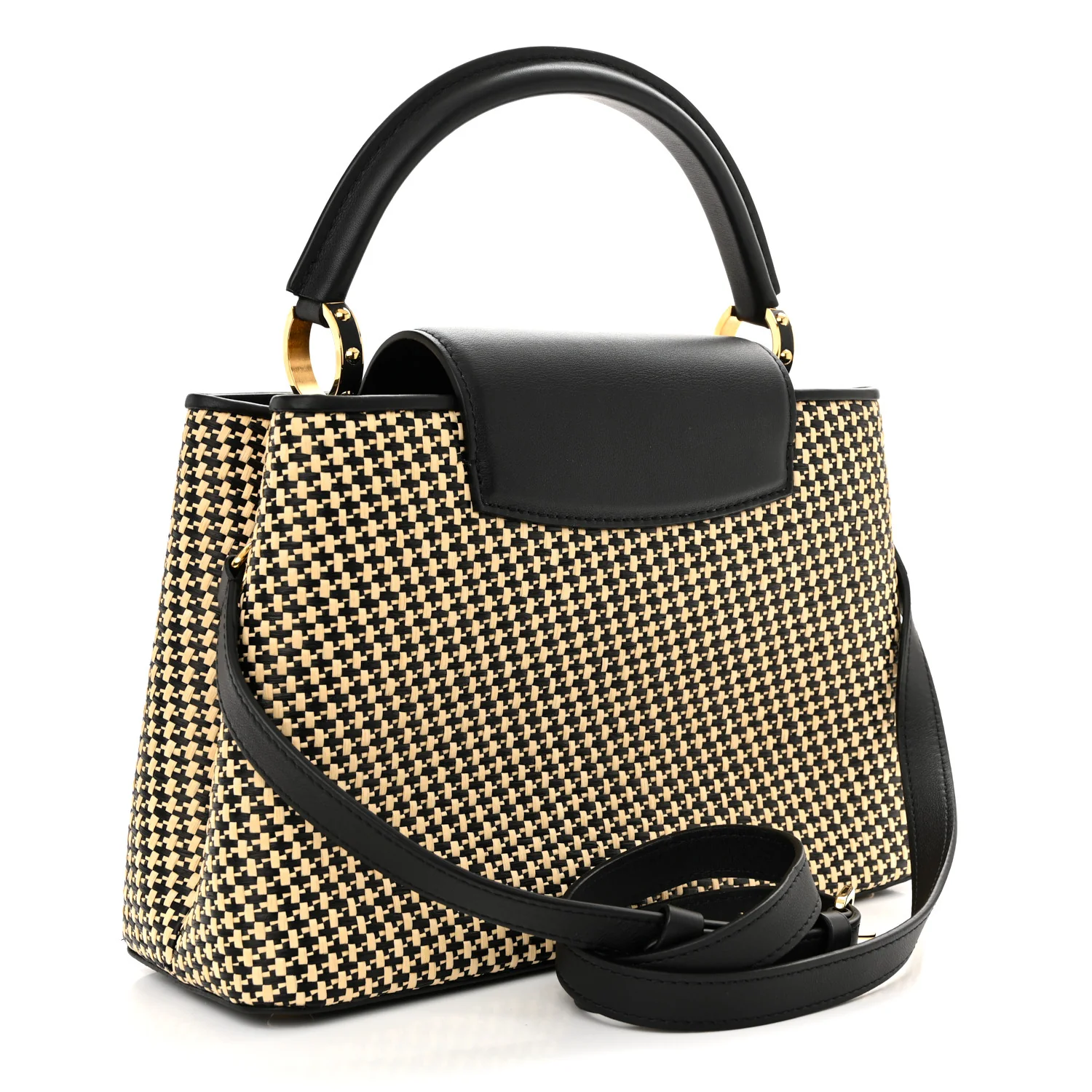 Raffia Calfskin Capucines MM Black Ecru - Top Club