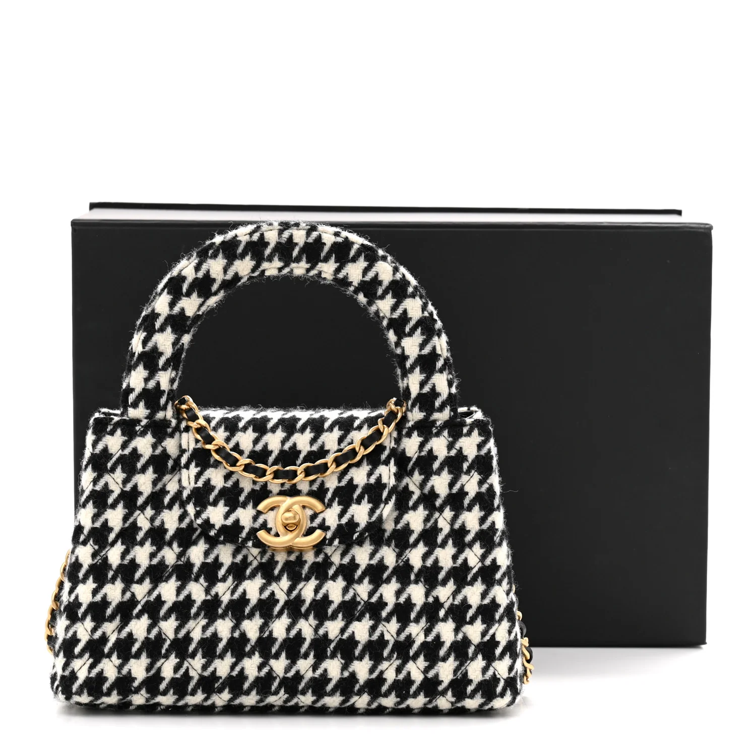 Tweed Houndstooth Quilted Nano Kelly Shopper Black White - Top Club
