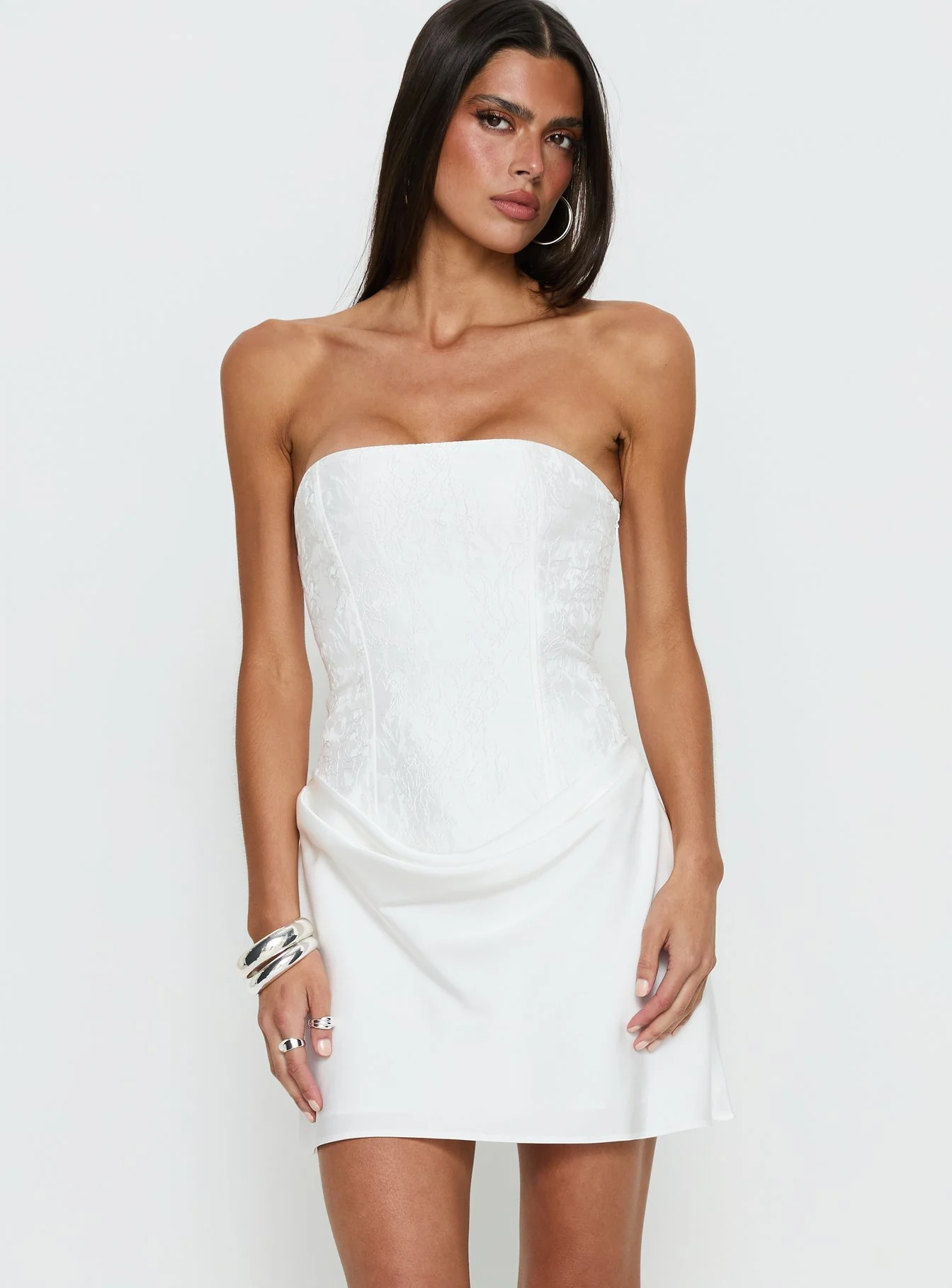 Jenevieve Strapless Drape Mini Dress White