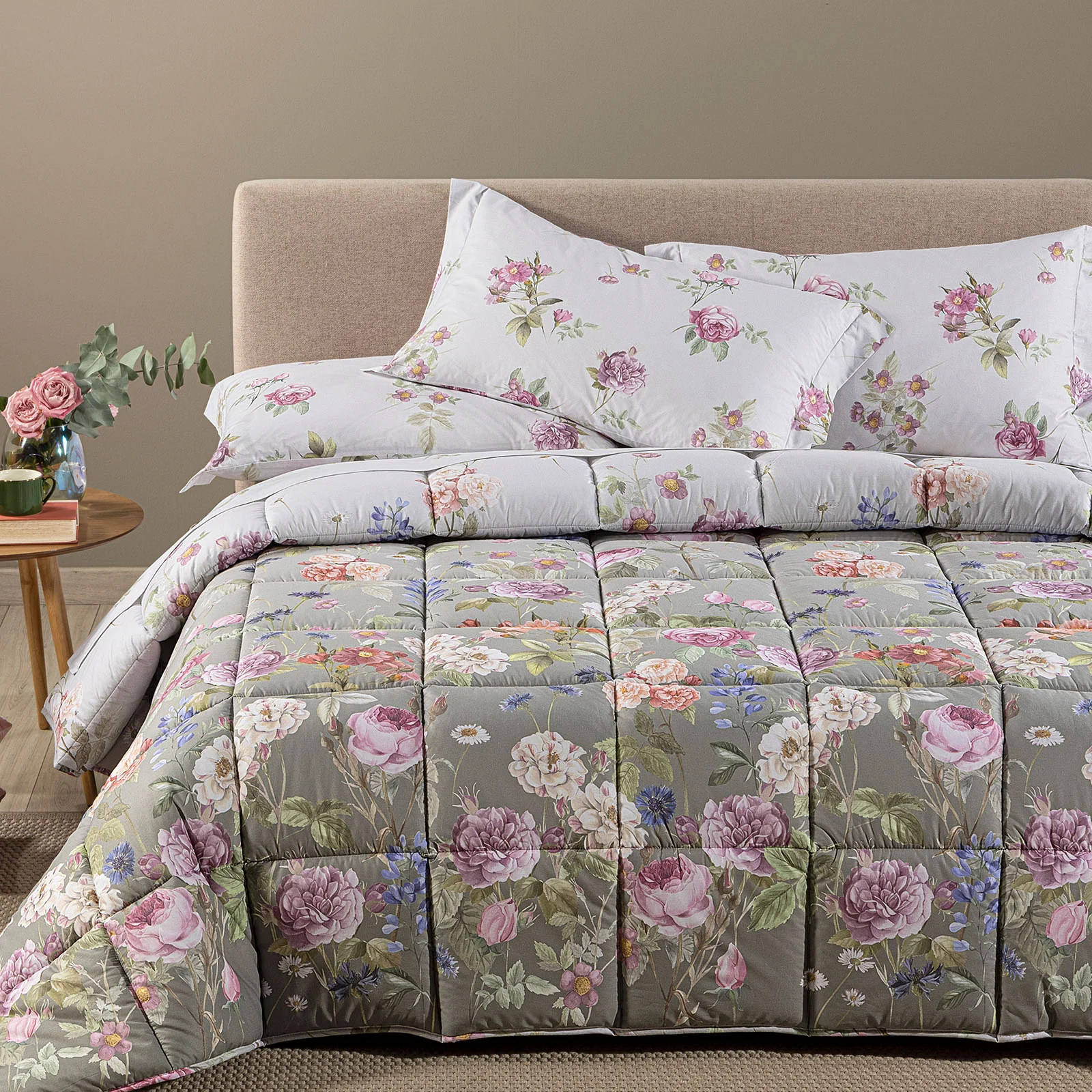 Trapunta In Cotone Giardino Romantico Matrimoniale Tortora Caleffi