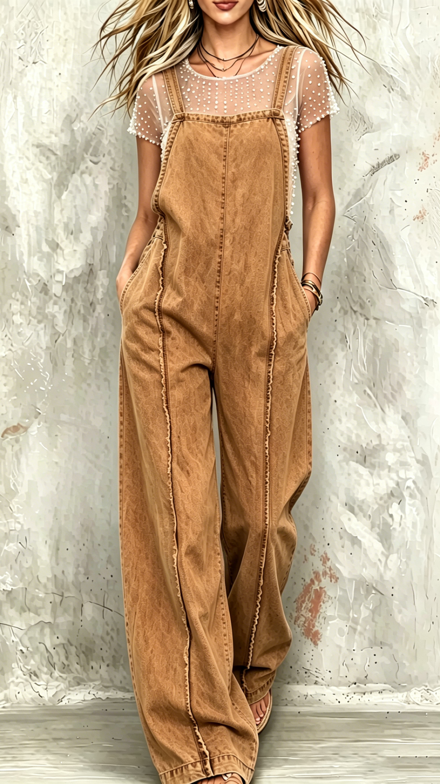 Women's Loose-Fit Overalls: Retro Washed Denim Wide-Leg Jumpsuit with Frayed Hem - Nordfashionstorm - Women's Clothing, Fashion for You - Nordfashionstorm.com