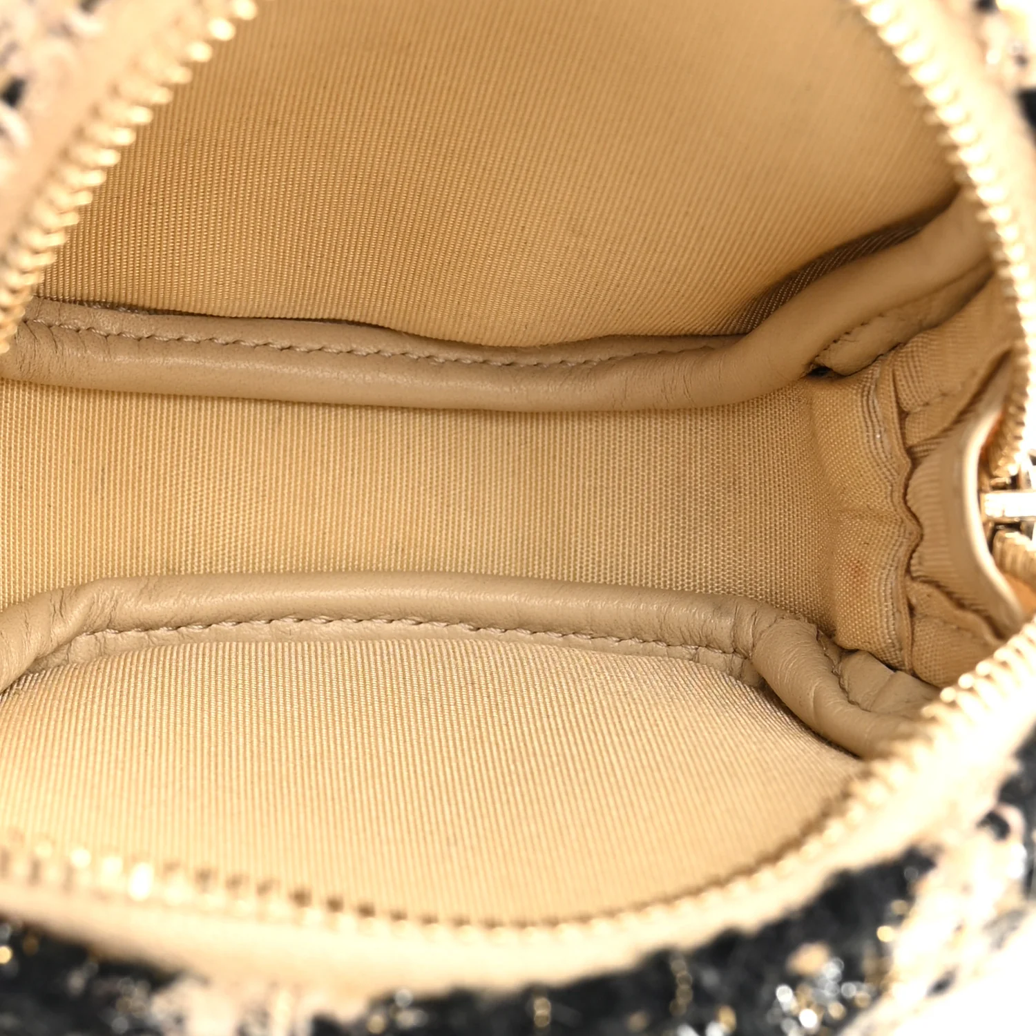 Tweed Shearling Round Clutch With Chain and Coin Purse Beige Black - Top Club