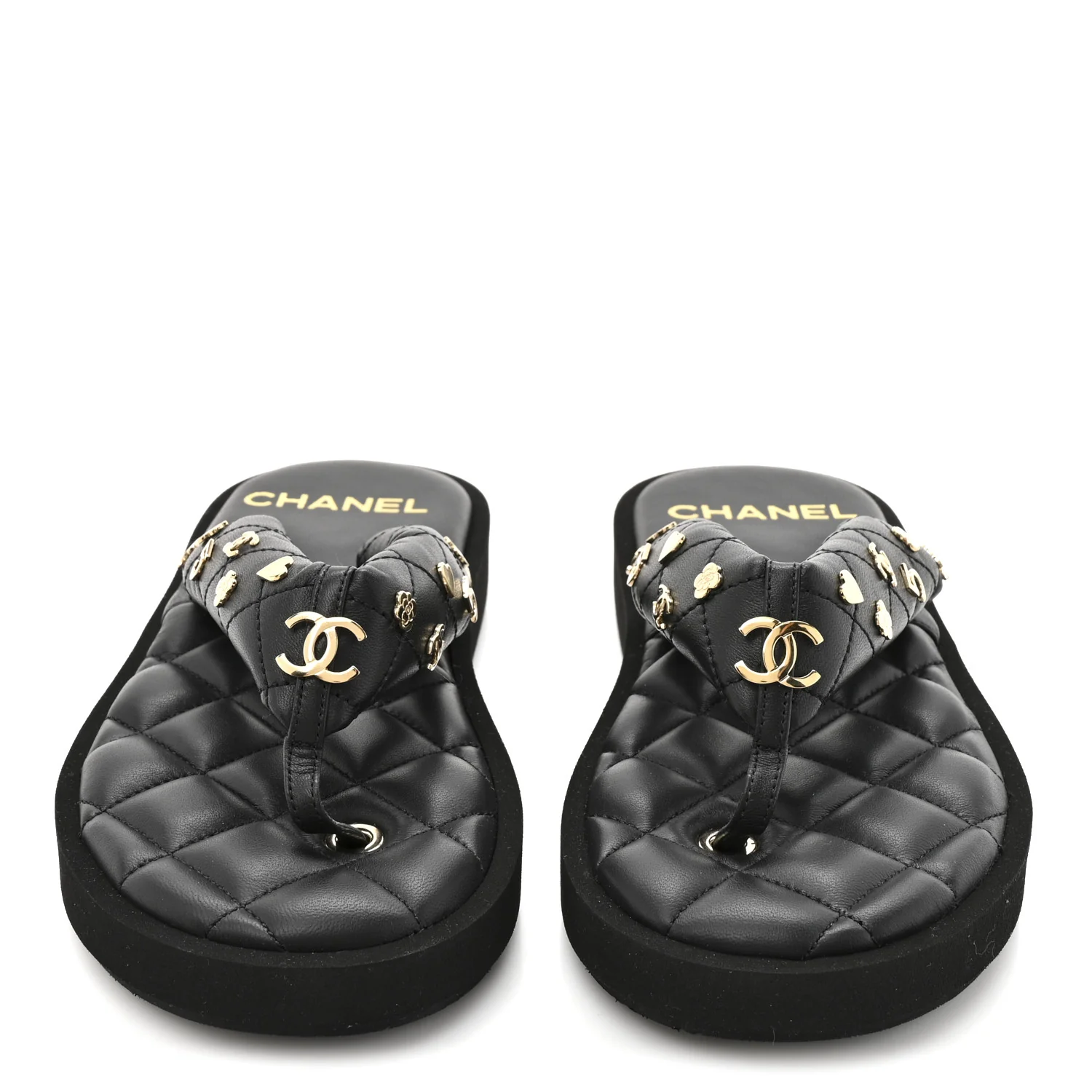 Lambskin Quilted Padded Charms Thong Sandals 36 Black - Top Club