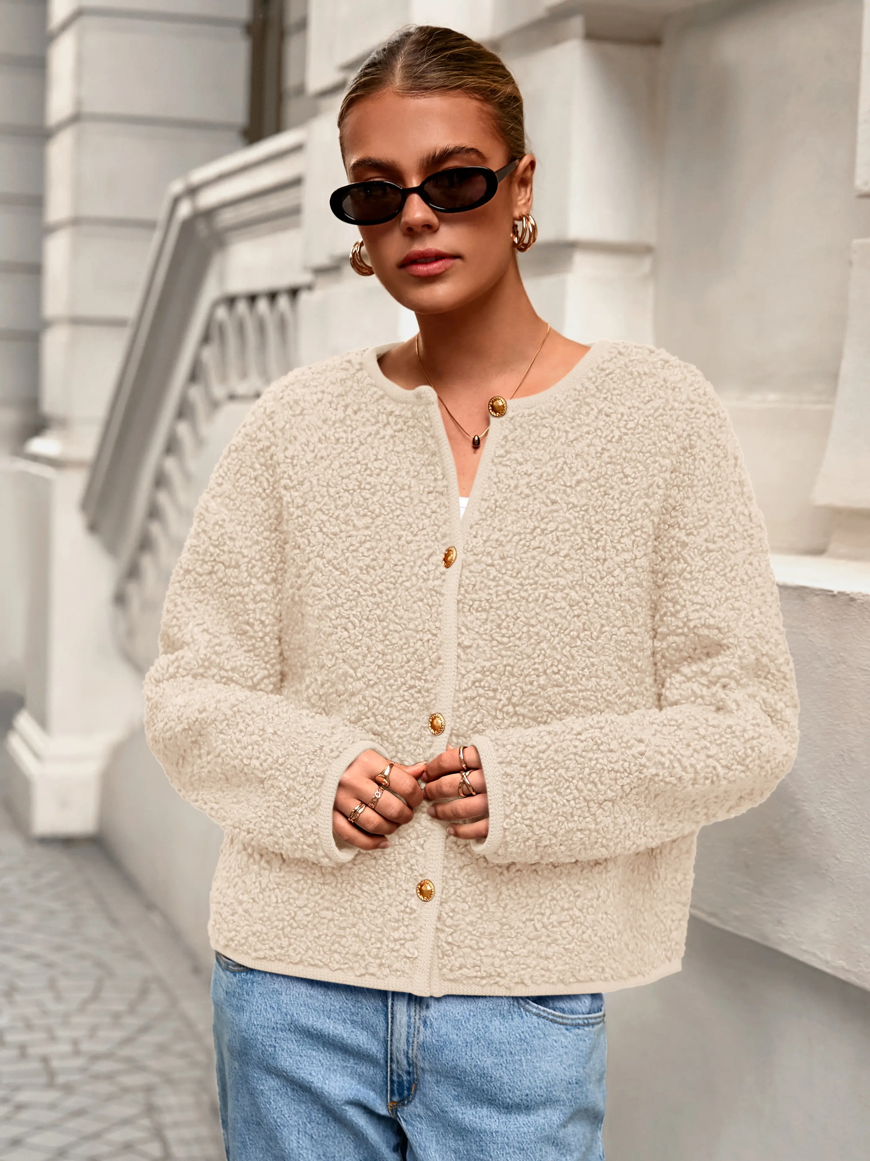 PRETTYGARDEN Women's Winter Coat Teddy Bear Soft Faux Fur Jacket Fuzzy Fleece Cropped Outerwear with Buttons Warm Cozy Fall Fashion Coat Trendy Cute Jackets for Women Winter Essentials - Casual Long Sleeve Fitted Crewneck Minimalist