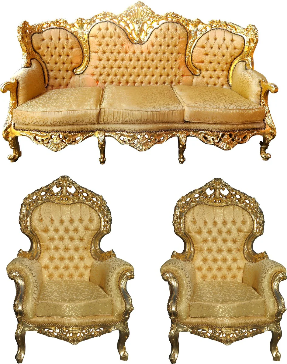 Baroque living room set Versailles II gold pattern / antique gold - 3 seater sofa + 2 armchairs