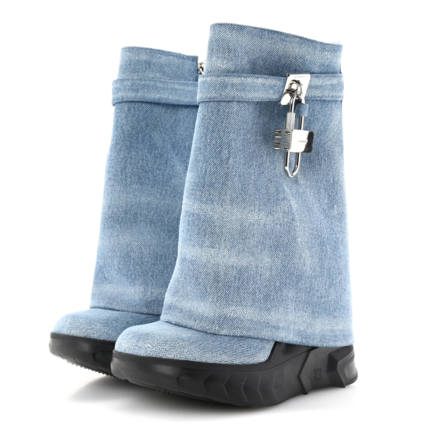 Washed Denim Shark Lock Biker Ankle Boots 35 Blue - Top Club