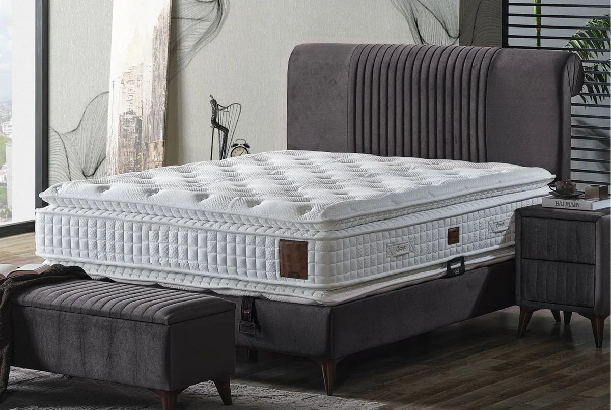 Luxury double bed gray / white / dark brown 180 x 200 cm - solid wood bed with headboard and mattress - bedroom furniture - hotel furniture - luxury furniture - luxury furnishings