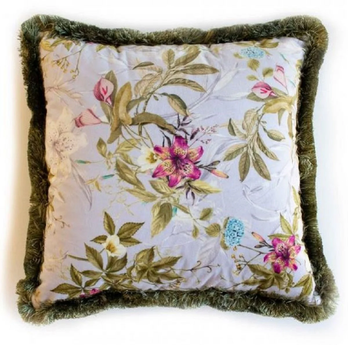 Luxury decorative cushion flowers design gray / multicolored / green 45 x 45 cm - printed velvet cushion with fringes - decorative accessories