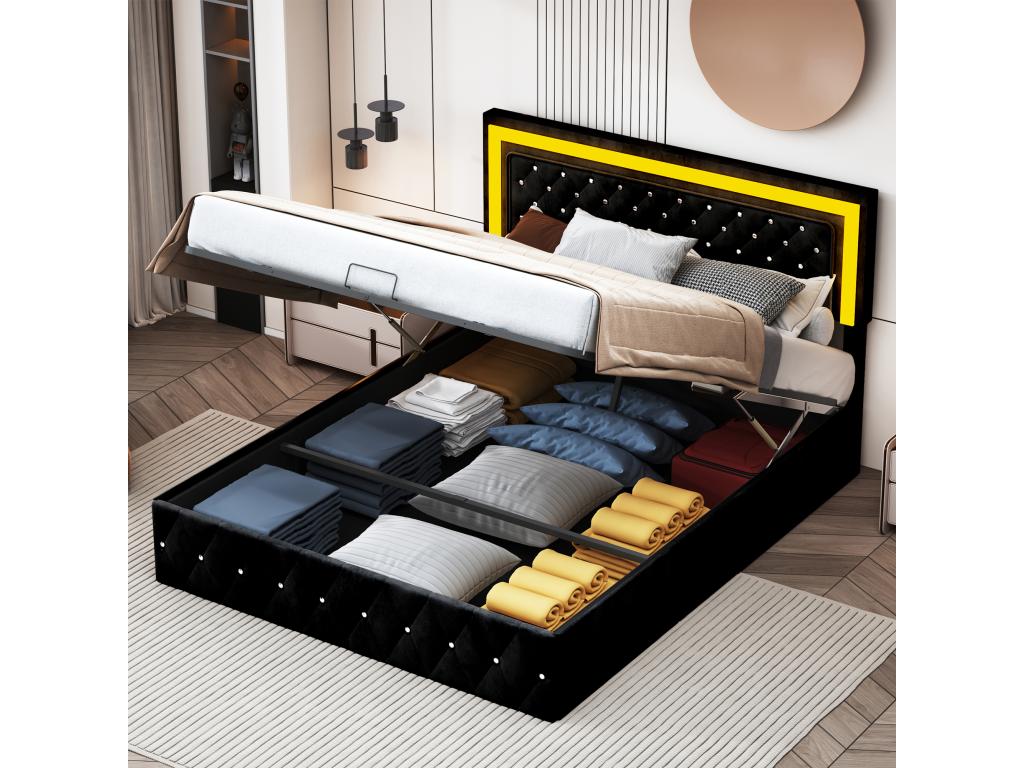 Cama 160 x 200 cm con LED y almacenamiento - cabecero ajustable - Terciopelo - Negro