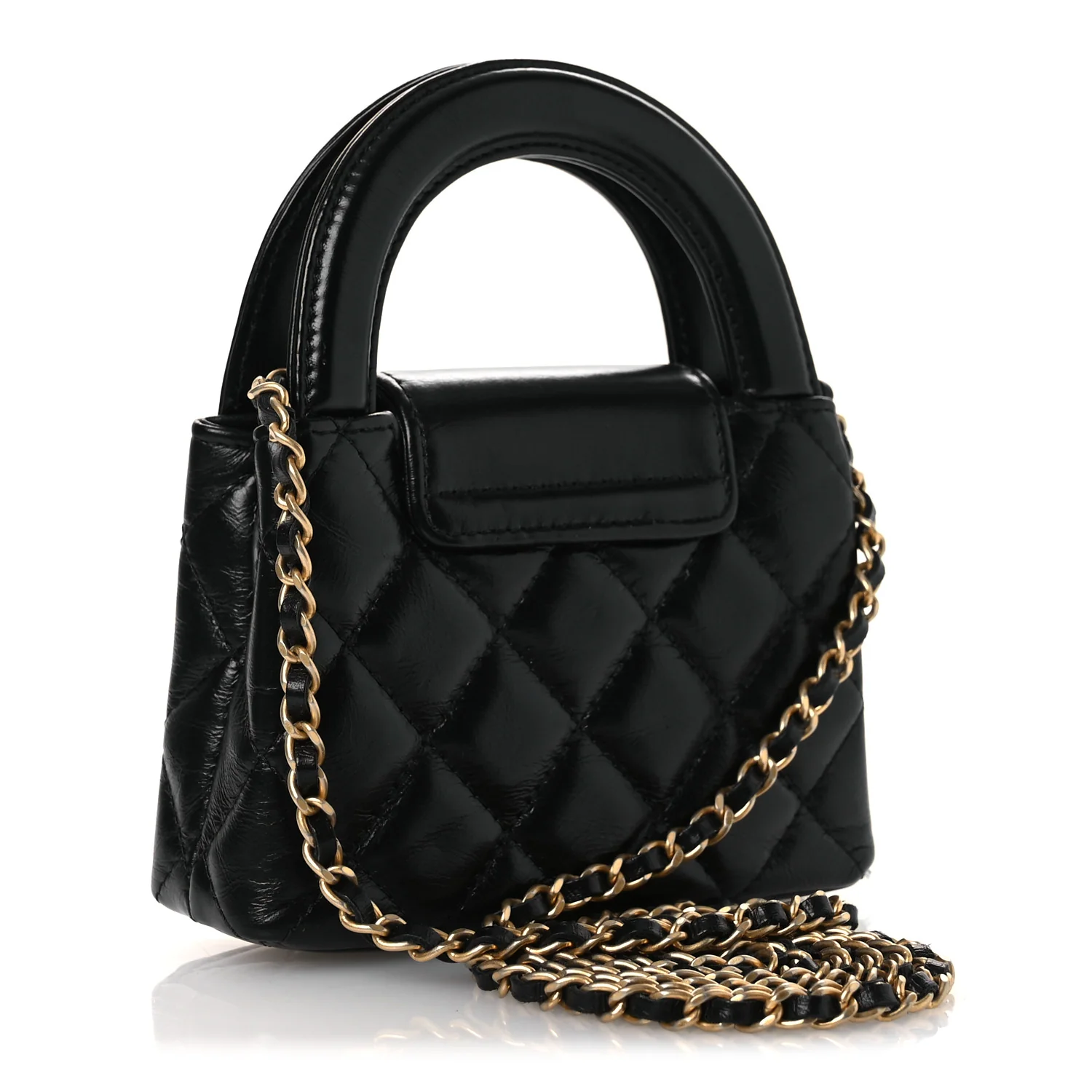 Shiny Aged Calfskin Quilted Mini Nano Kelly Shopper Black - Top Club