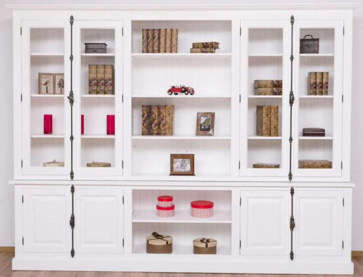 Country house style bookcase white 300 x 50 x H. 230 cm - solid wood cupboard - living room cupboard - office cupboard - country house style furniture