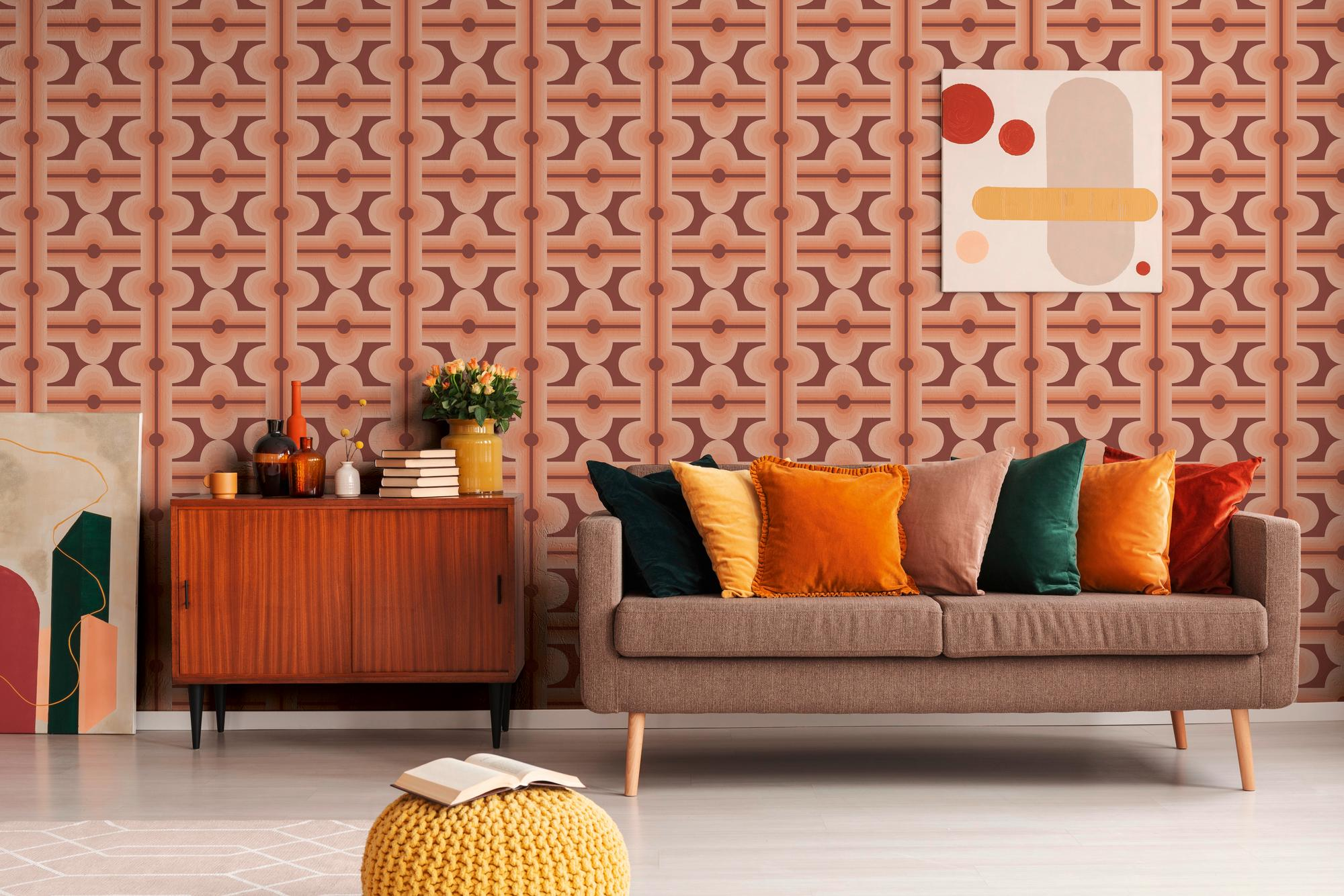 Vliesbehang met abstract patroon in retrostijl – rood, oranje #1